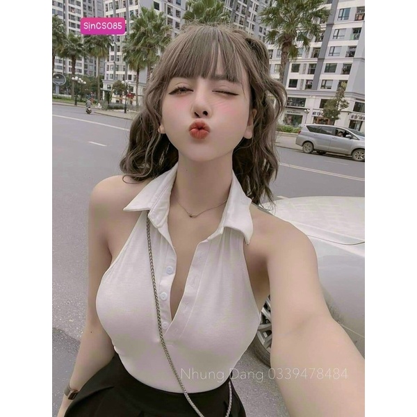 Áo thun nữ sát nách cổ bẻ thun gân sexy tôn dáng