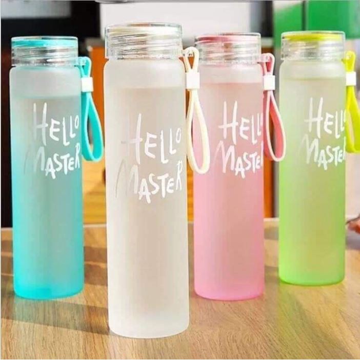 Bình nước thủy tinh nhiều màu hello master 450ml