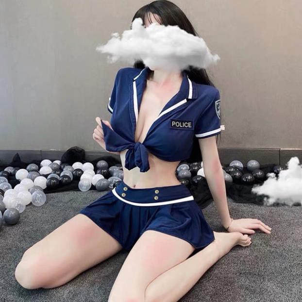 Bộ Đồ Ngủ Cosplay Sexy Tiếp Viên Gợi Cảm - P0lice Xanh - Đầm Ngủ Cosplay Cơ Trưởng Gồm Áo + chân Váy Xòe