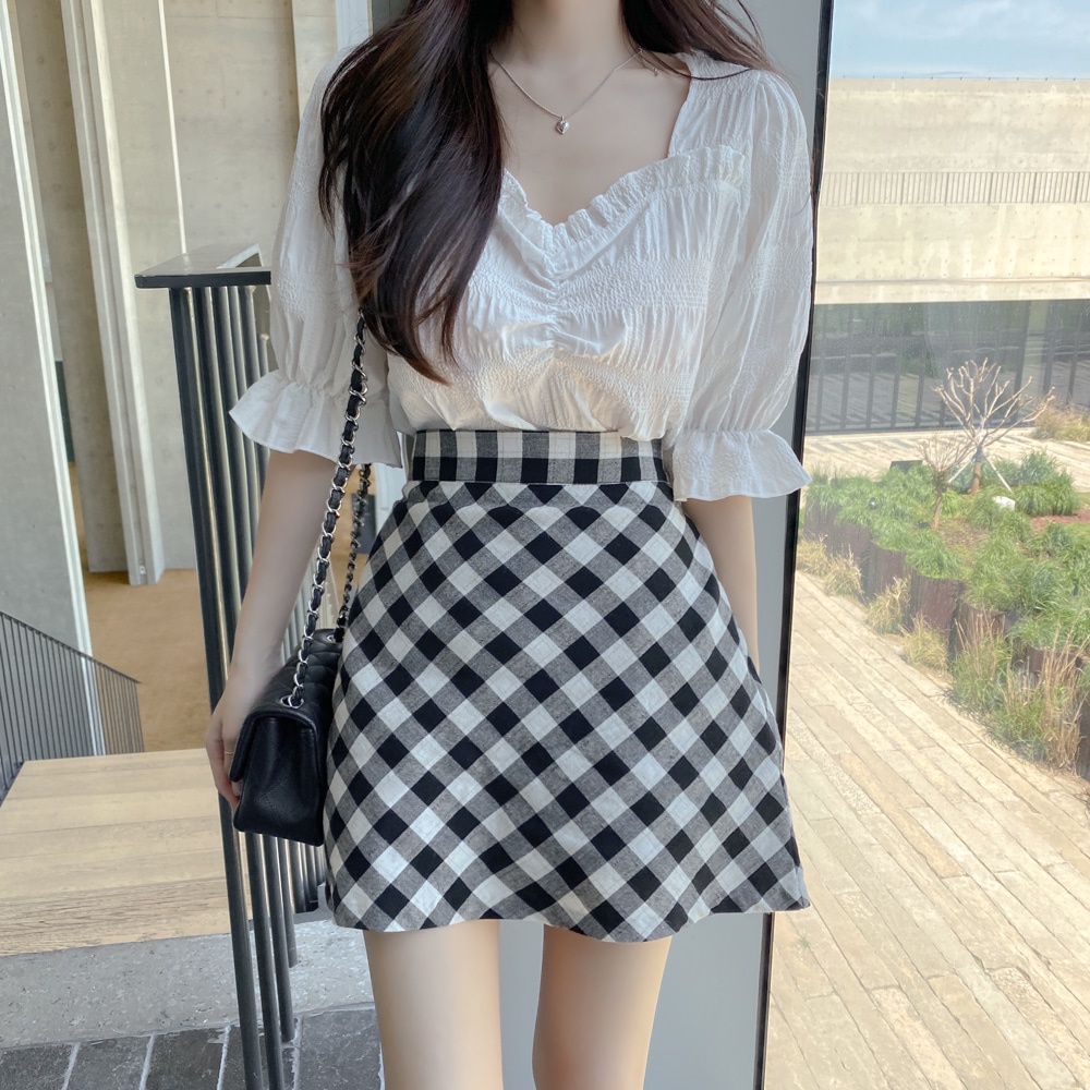 SUXI Áo Sơ Mi Tay Ngắn Cổ Chữ V Màu Sắc Đơn Giản Phong Cách Hàn Quốc