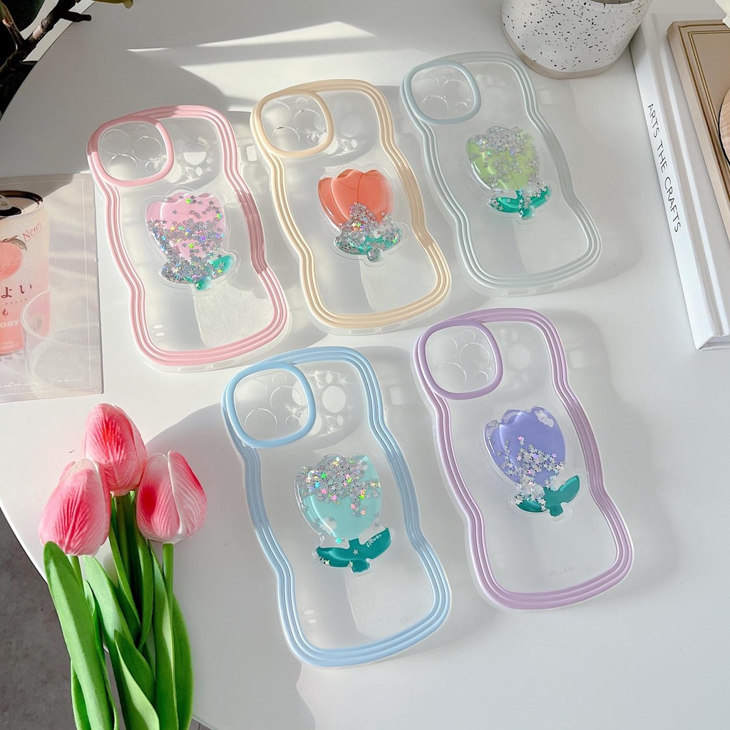 Ốp Điện Thoại Tpu Mềm Trong Suốt Chống Rơi Họa Tiết Hoa Tulip Gắn Giá Đỡ Cho iPhone 11 12 13 pro max xr x xsmax