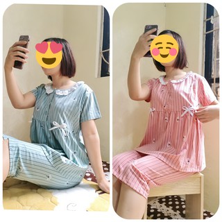 Bộ LỬNG Bầu Sau Sinh SỌC,CỔ REN mặc nhà, chất cotton cao cấp, thoáng mát, dễ chịu