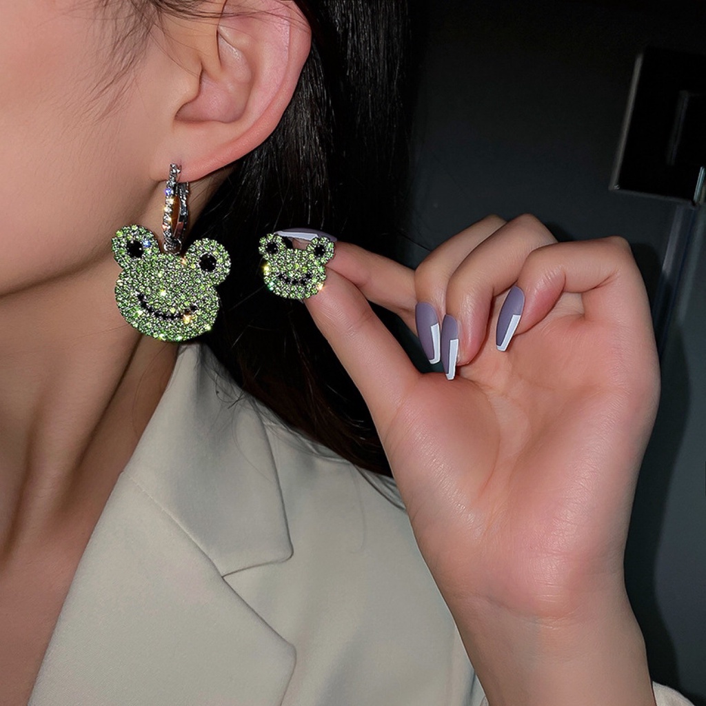 Bông Tai Mạ Bạc 925 Hình Con Ếch Đính Đá Phong Cách Retro Thời Trang