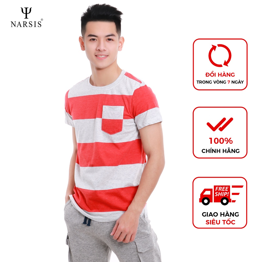 Áo thun nam Narsis D8084 cổ tròn màu kẻ đỏ