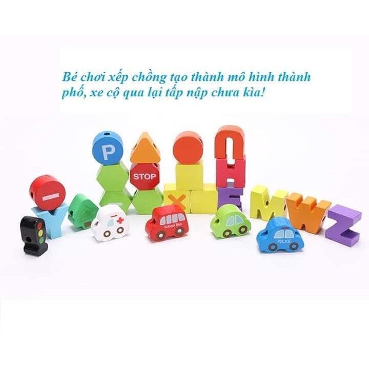 Xâu luồn hạt chữ số kèm phương tiện giao thông bằng gỗ chất liệu đẹp an toàn cho bé từ 3-6 tuổi