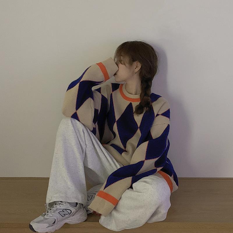 Áo Sweater Dệt Kim Dáng Rộng Màu Sắc Tương Phản Phong Cách Retro Hàn Quốc Cho Nữ