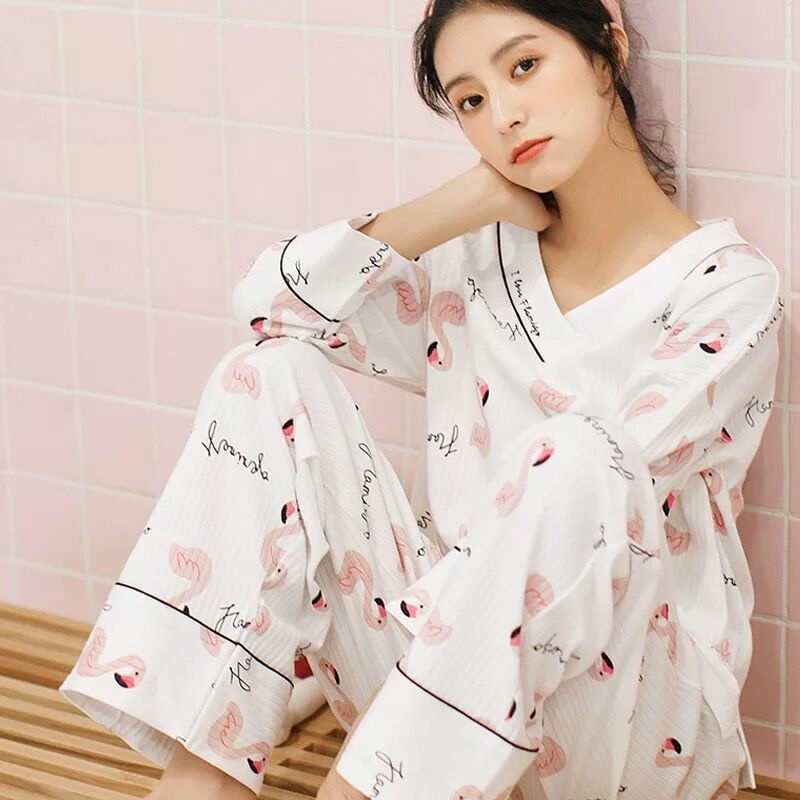 Set đồ ngủ dài tay 100% cotton phong cách Hàn Quốc thời trang thu đông dễ thương cho nữ mặc ở nhà | BigBuy360 - bigbuy360.vn