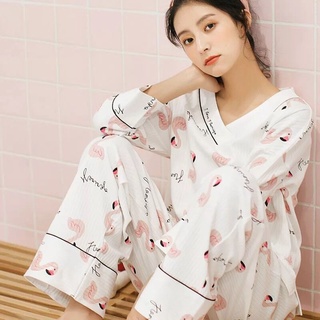 2024 Bộ đồ ngủ dài tay 100% cotton phong cách Hàn Quốc thời trang thu đông dễ thương cho nữ mặc ở nhà