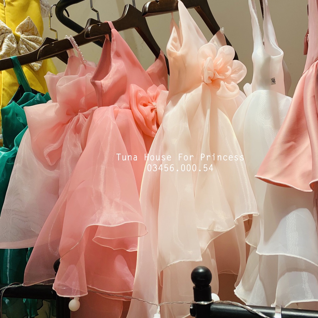 Váy đầm xoè công chúa mặc thôi nôi đầy tháng cho bé gái 2 dây eo đính hoa - Tuna House For Princess