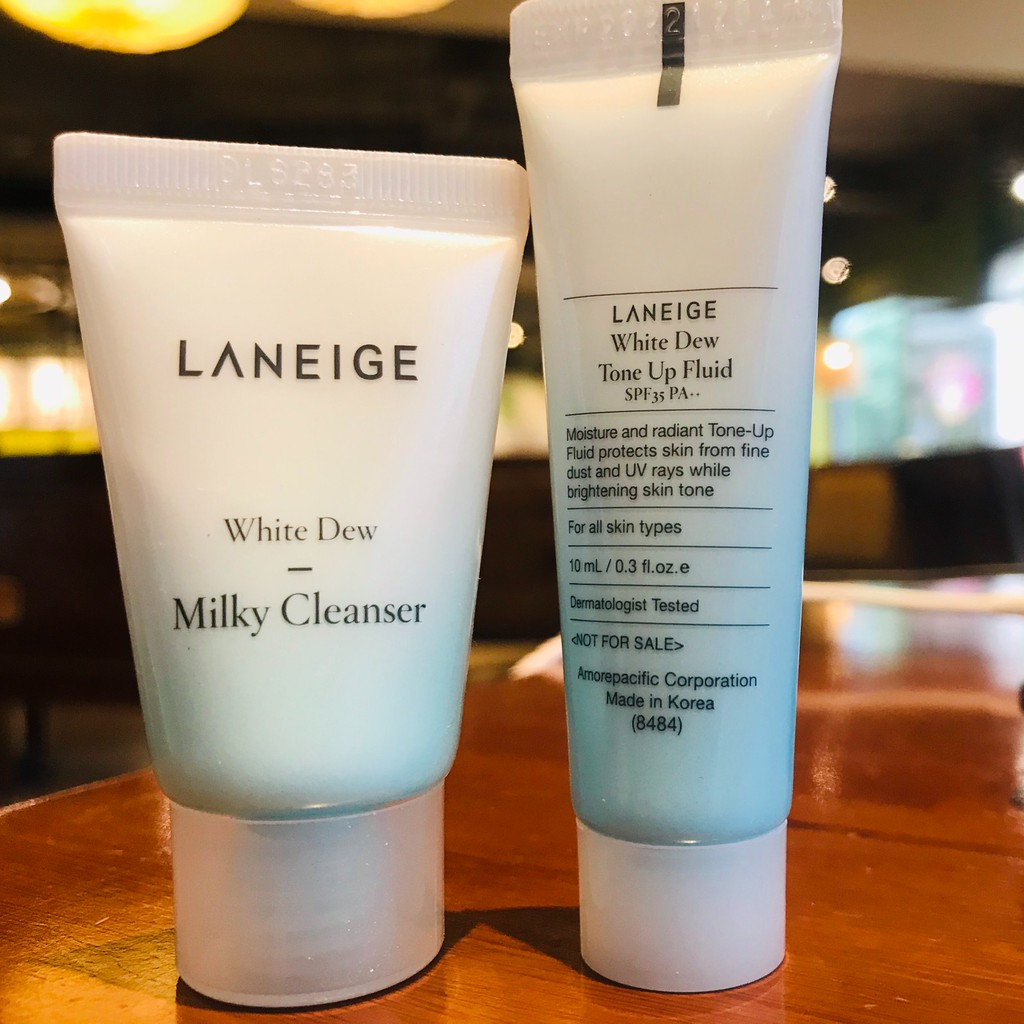 Bộ đôi dưỡng trắng Laneige White Dew ToneUp Fluid 10ml & Laneige White Dew Milky Cleanser 10ML