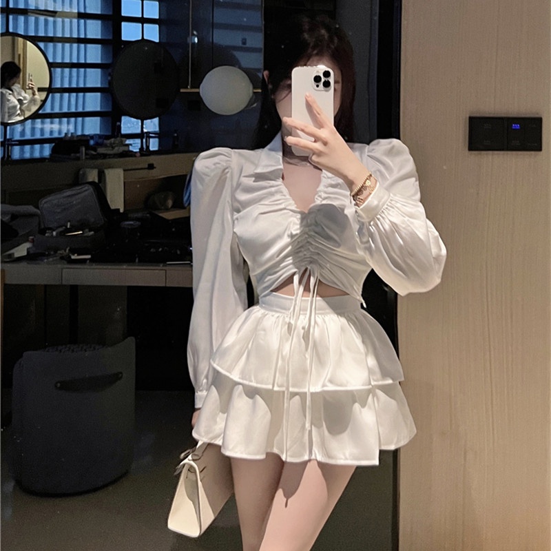 Áo Croptop Cổ v Phối Dây Rút Thời Trang Mùa Thu Quyến Rũ Cho Nữ