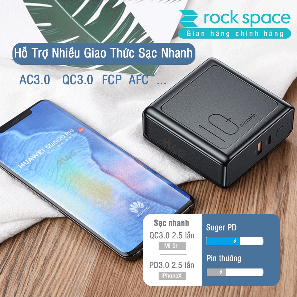 Pin sạc dự phòng Rockspace Sugar kiêm củ sạc nhanh chuẩn PD 10.000 mAh