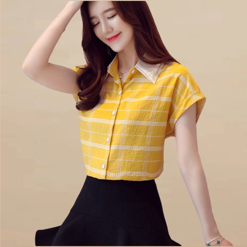 Áo sơ mi voan tay ngắn kẻ sọc che bụng thời trang mùa hè 2021 phong cách nước ngoài cho nữ