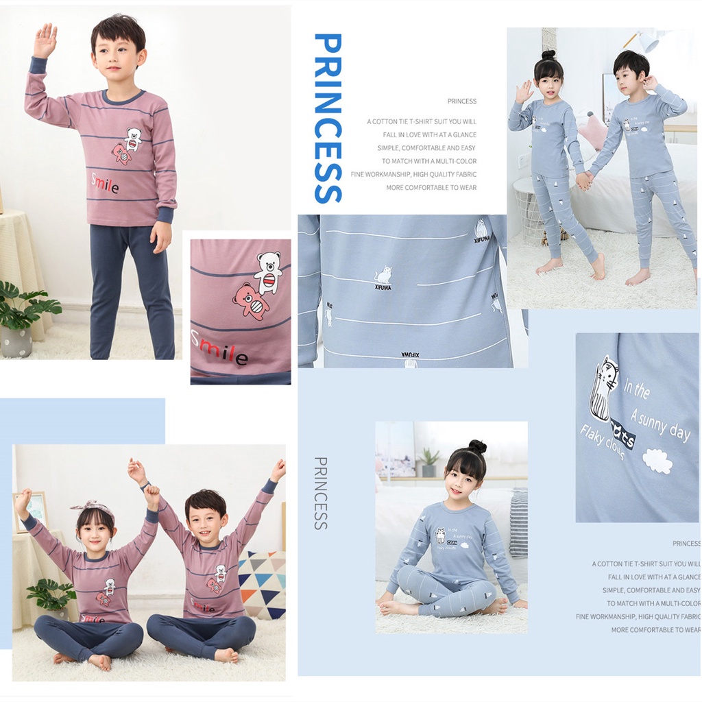 Bộ Đồ Ngủ Cotton Tay Dài 100-160cm Thời Trang Xuân Thu Cho Bé