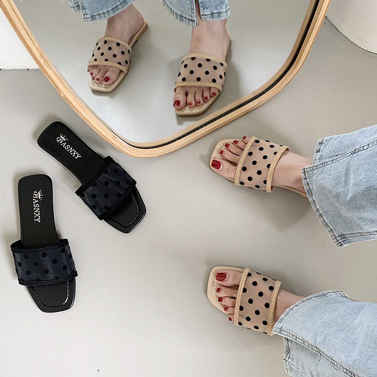 Fashionable Square Head One Line Wave Dot Decoration Flat Bottom Sandals for Women