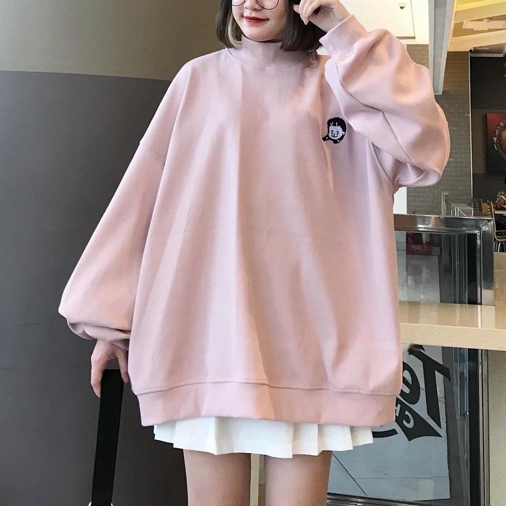 Áo Sweater Cổ Lọ NANASS Thêu Cô Gái Thun Gân Form Rộng Ulzzang (Ánh Thật)