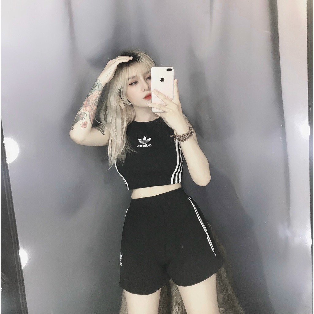set thể thao áo croptop sát nách quần đùi adi siêu cool cưc hot ảnh thật