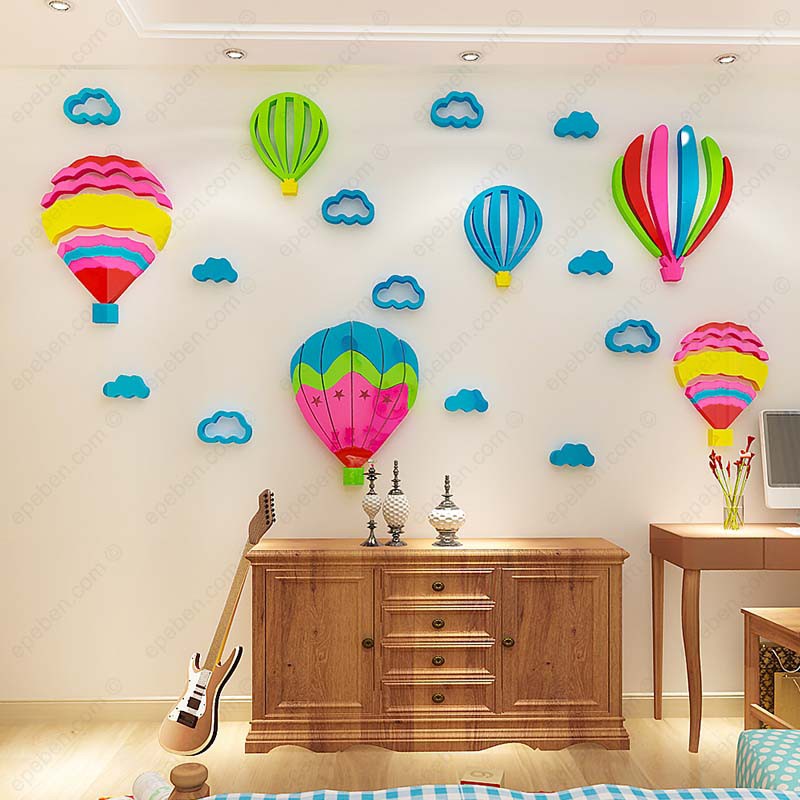 Tranh dán tường mica 3d decor khổ lớn khinh khí cầu sắc màu trên bầu tời trang trí mầm non, phòng bé Nhiều Size - EPeBen