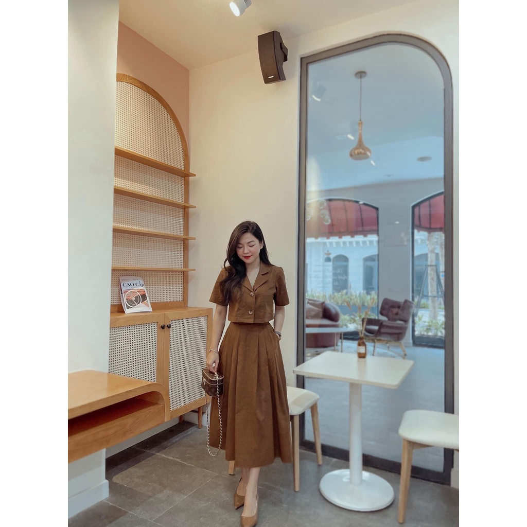 Set Áo Vest Cộc Tay Nữ Chân Váy Ly Dài Trend 2021