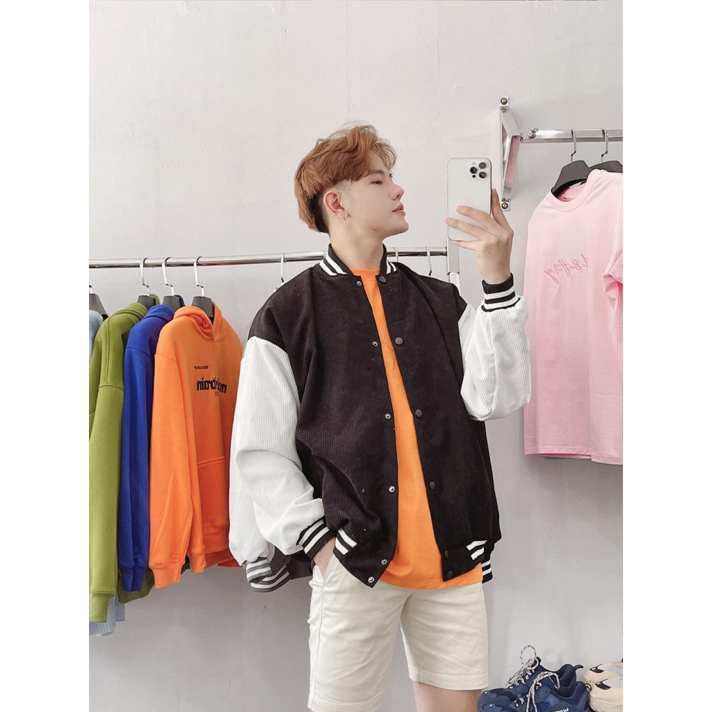 Áo Bomber Varsity Jacket Unisex Form Rộng Nhung Tăm 2 Lớp Phối Tay Trơn
