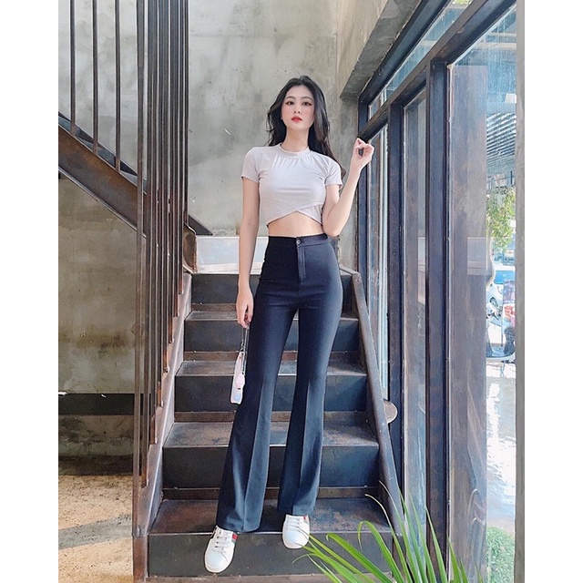 Cho M60 trở xuống Quần loe một nút nữ Mixiz lưng cạp cao vải cát Nhật co giãn bốn chiều màu đen