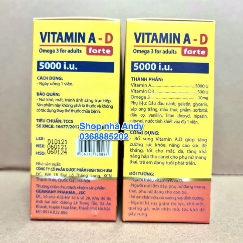 Viên Uống Vitamin A D Bổ Sung Vitamin Giảm Nguy Cơ Khô Mắt Mỏi Mắt Còi Xương Hỗ Trợ Đẹp Da Hộp 100 Viên