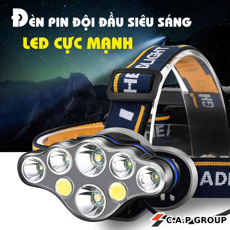 Đèn pin đội đầu siêu sáng LED cực mạnh có thể sạc đùng để câu cá đêm, thợ mỏ, công trường, cắm trại, soi ban đêm