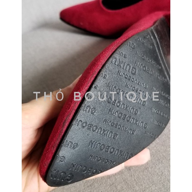 Giày cao gót da lộn đỏ đô gót vuông 5cm size 38