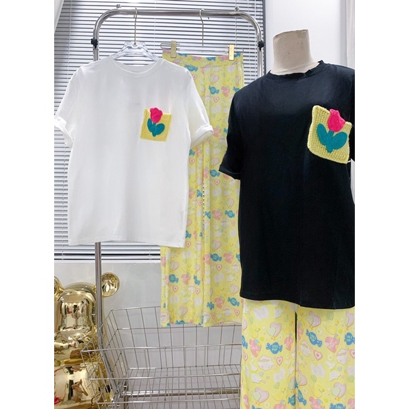 Set áo thun cotton phối túi len đủ màu quần suông gân ép xinh xắn E7