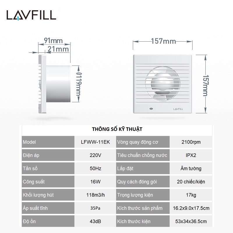 Quạt thông gió âm tường có CẢM ỨNG CHUYỂN ĐỘNG LAVFILL LFWW-09ES/13ES