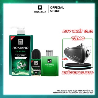 Combo Romano: Sữa tắm sạch khuẩn Classic 650G + Nước hoa Classic 50ml + Lăn khử mùi Classic 50ml