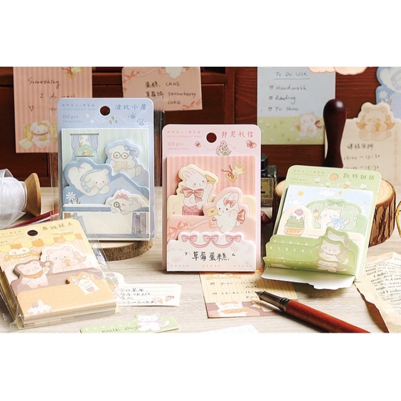 Giấy note ghi chú CARD LOVER xếp tầng 100 tờ hình gấu thỏ màu pastel