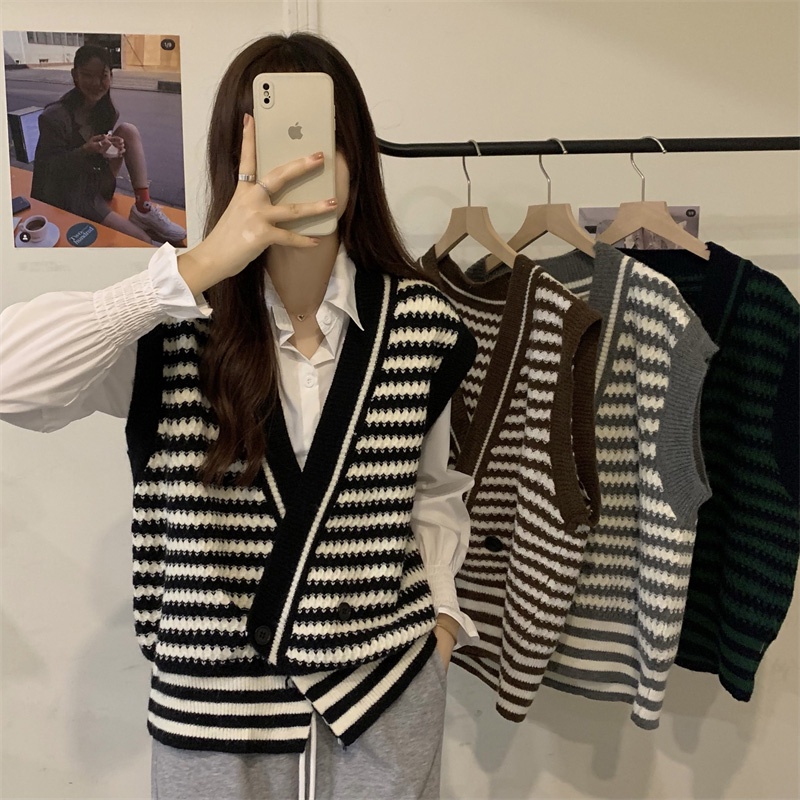 HoneySexy Áo vest nữ Hàng đầu Dệt kim Không tay Cổ chữ V sọc Đơn giản Thời trang Cổ điển Gợi cảm Thanh lịch | BigBuy360 - bigbuy360.vn