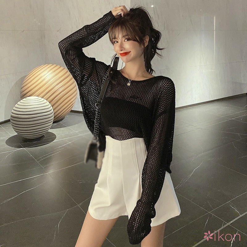 Áo Chống Nắng Khoét Lỗ Chéo Đính Hạt Màu Sắc Trơn Cho Nữ