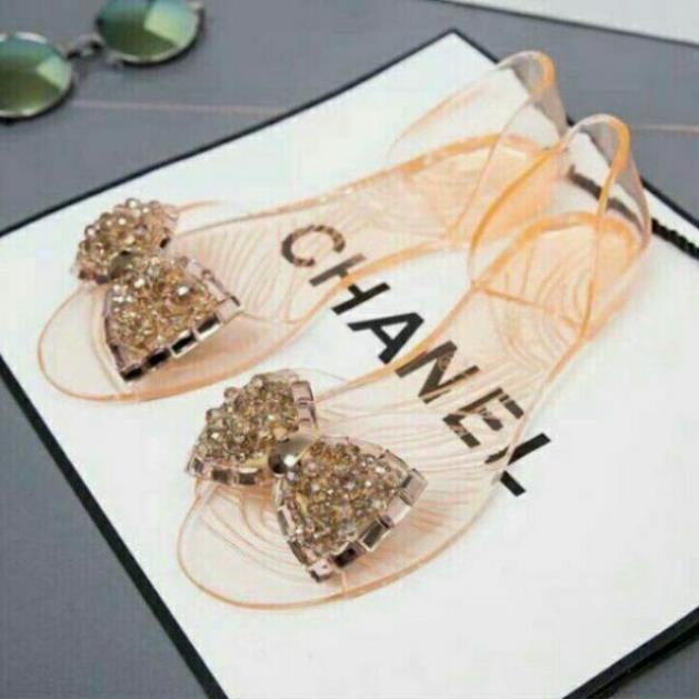 Giày búp bê nhựa trong suốt hở mũi đi mưa trang trí nơ đá vàng (chọn lùi 1 size) ️🎣