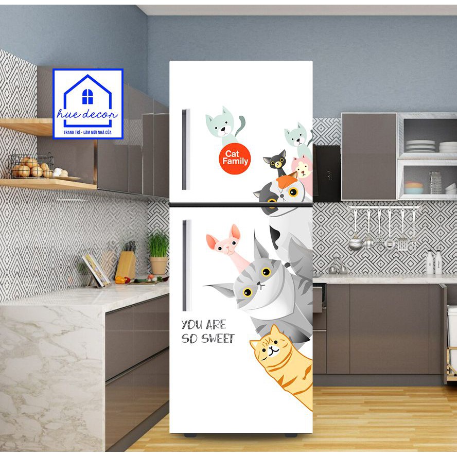 Decal chuyên dụng dán tủ lạnh -máy lạnh - máy giặt siêu đẹp Gia đình mèo HUE DECOR-siêu bền đủ kích thước