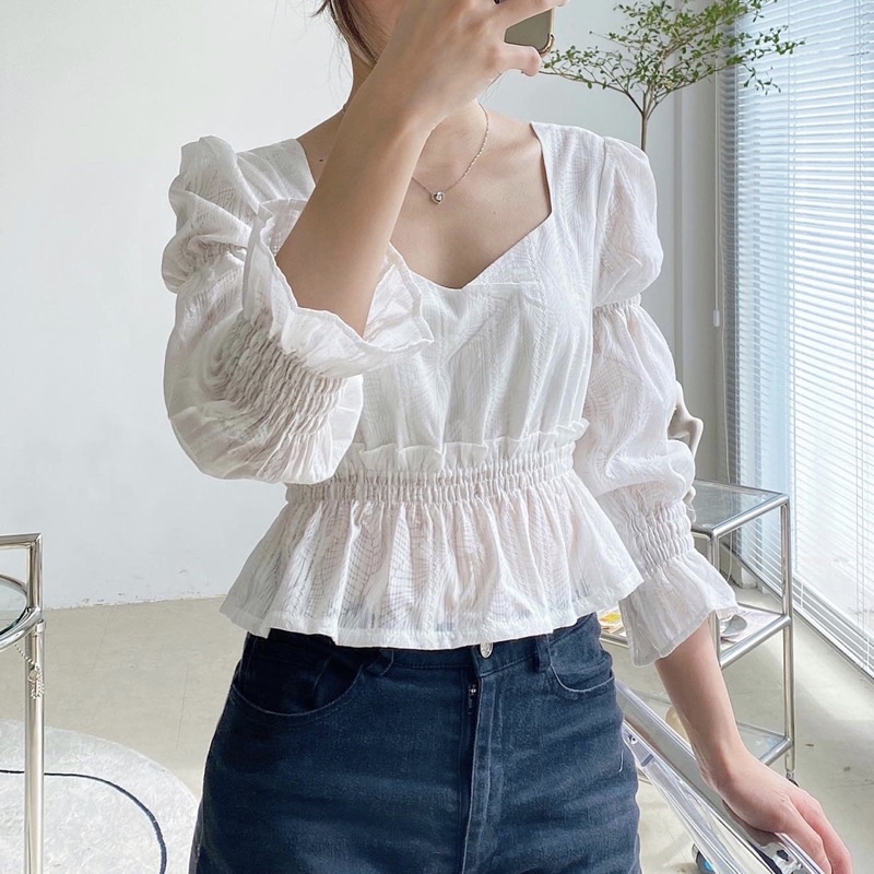 Áo croptop tay phồng bo chun eo- MERR