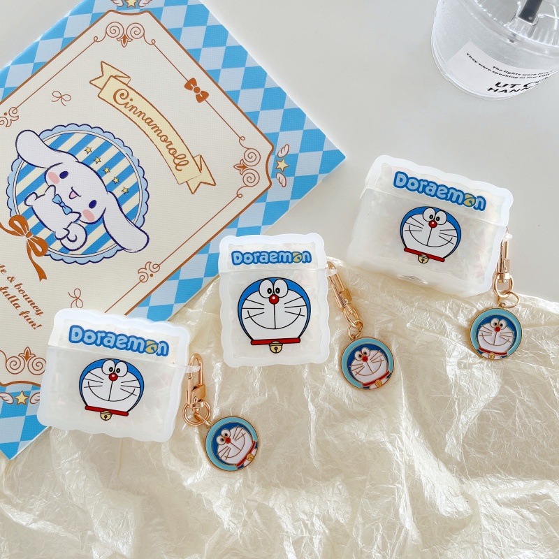 Vỏ Bảo Vệ Hộp Sạc Tai Nghe AirPods 1 2 3 Pro Họa Tiết Hoạt Hình Doremon Đính Ngọc Trai Sang Trọng