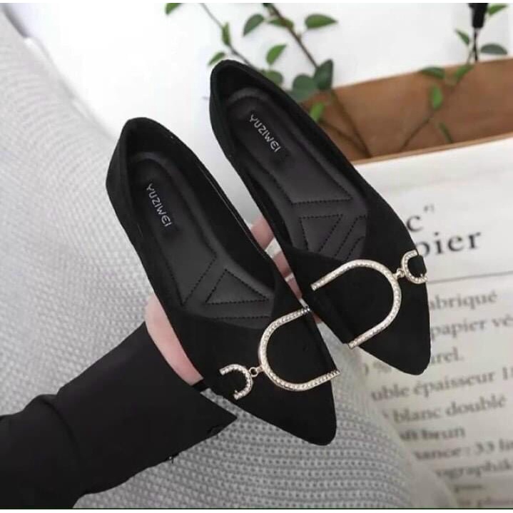 Giày búp bê nữ đế bệt da lộn siêu êm phối khoá D20