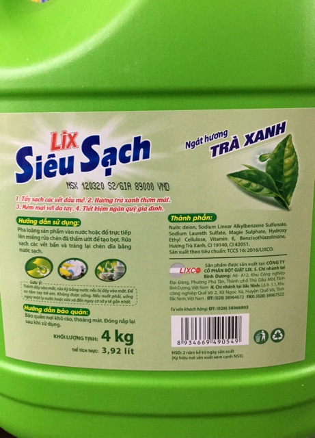 Nước rửa chén Lix siêu sạch hương trà xanh can 4kg