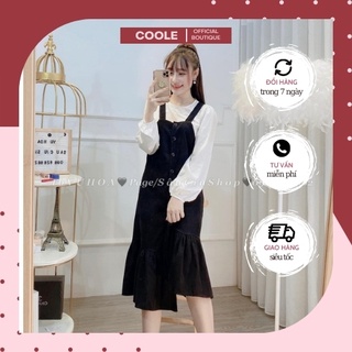 Set Đầm Yếm Dài, Set Yếm Nhung Tăm Đuôi Cá, Áo Cổ Tròn Phồng Dài Có 3 Màu Cơ Bản Phong Cách Trẻ Trung Năng Động