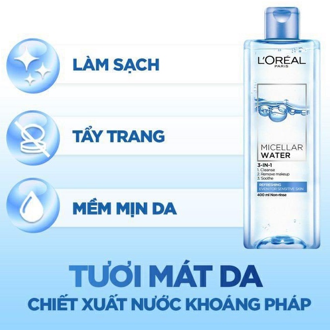 Nước tẩy trang Loreal - L'Oreal Paris 3 in 1 làm sạch da cho da dầu mụn nhạy cảm khô - Thi Vũ