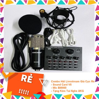 Combo SoundCard V8 + Mic Bm900 - Hát Hay Như Ca Sĩ Trong Tầm Giá Cực Rẻ - Tặng Kèm Tai Nghe Có Dây 3.5 Akg