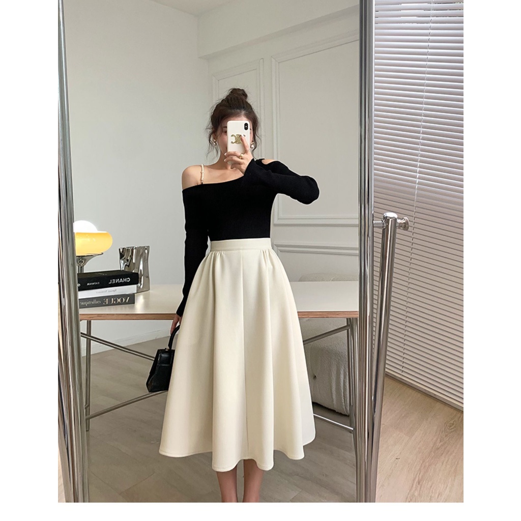 Thời trang thiết kế KM - chân váy dáng dài 3 màu: xanh, đen, be hot trend 2022