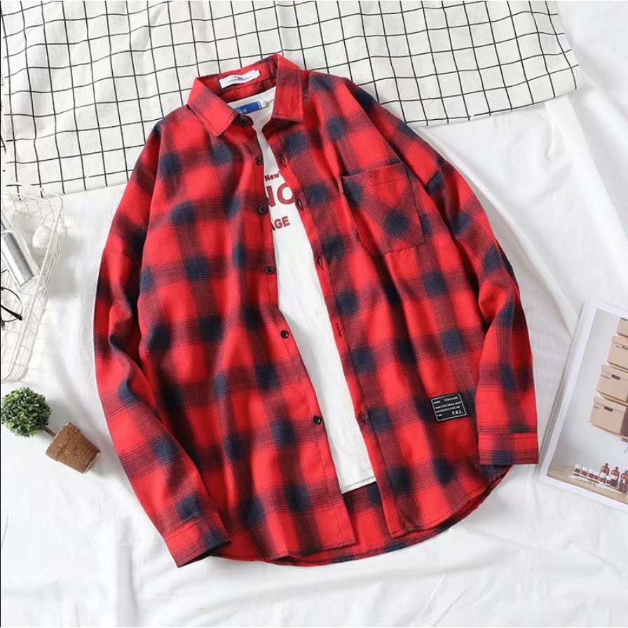 Áo Khoác Sơ Mi Caro Tay Dài Dáng Rộng Trẻ Trung Phong Cách Hàn Quốc Cho Nam