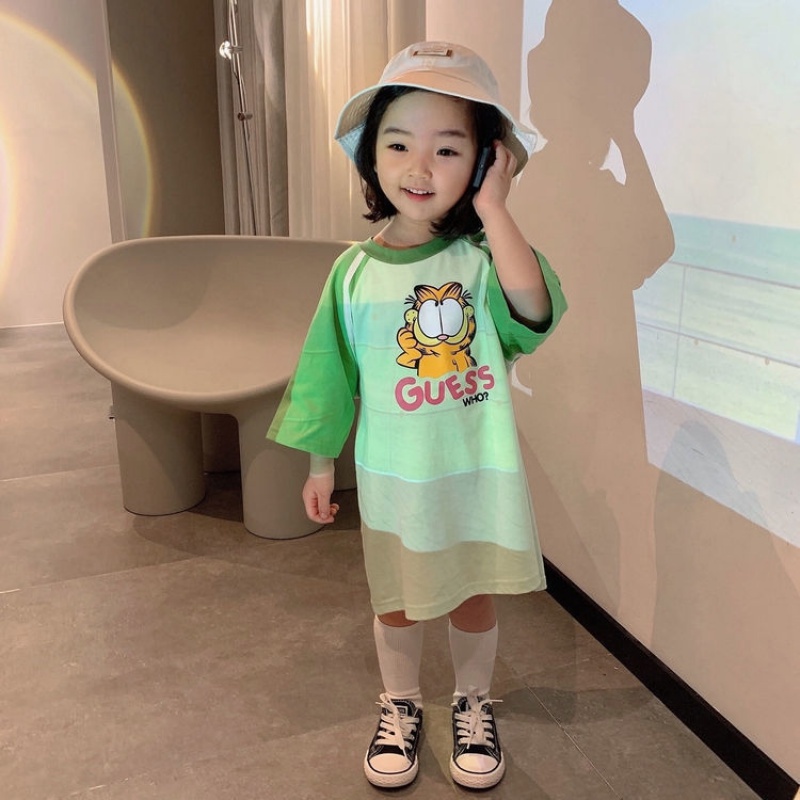 Đầm Thun Cổ Tròn Dáng Rộng In Họa Tiết Hoạt Hình Phối Màu Thời Trang Hàn Quốc Cho Bé Gái