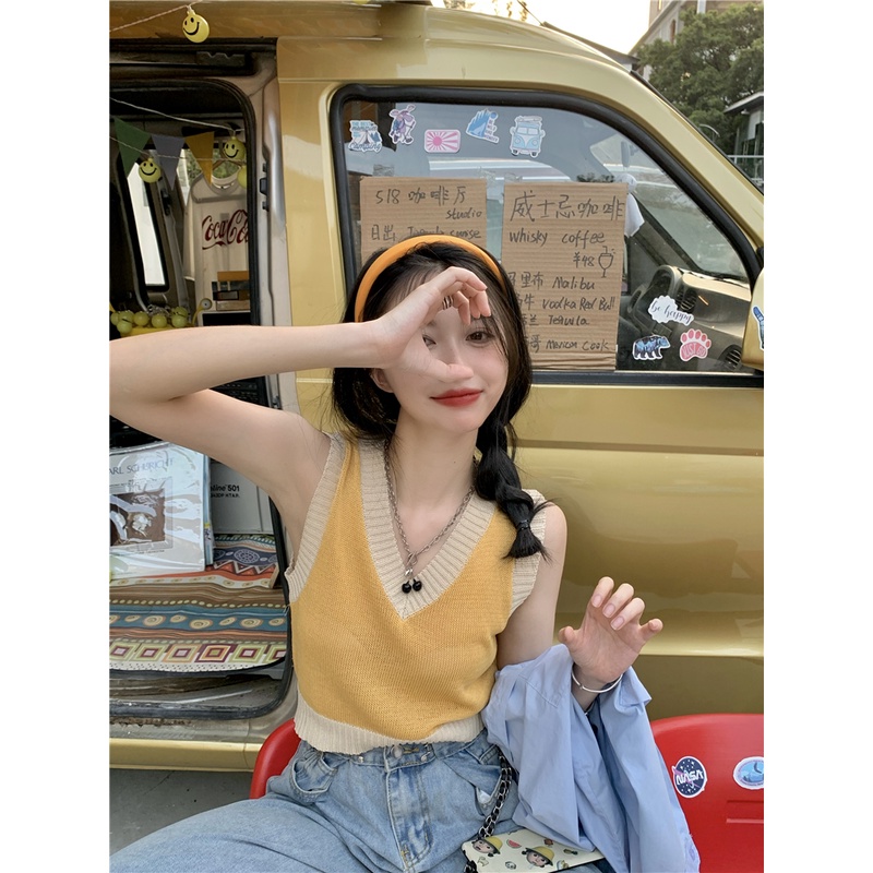 SUXI Áo Croptop Dệt Kim Sát Nách Cổ Chữ V Đơn Giản Thời Trang Phong Cách Hàn Quốc