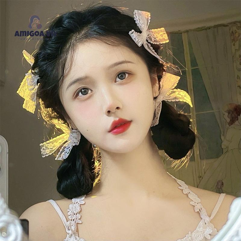 ✨✨Kẹp tóc thắt nơ bằng vải ren màu trắng đơn giản dễ thương dành cho nữ