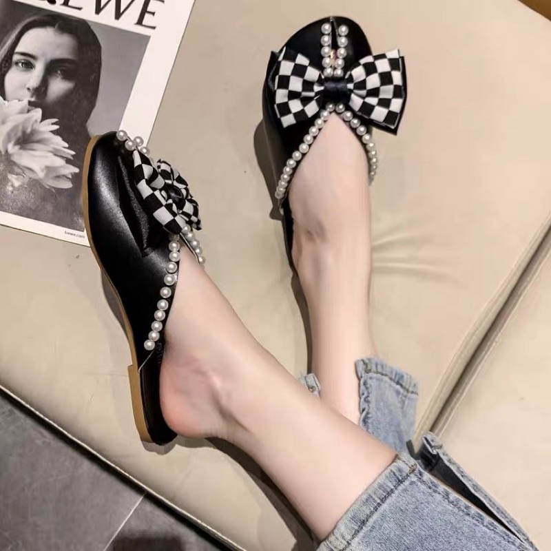SALE— Sục da mềm mũi tròn viền cườm đính nơ CARO BIG SIZE 41-43