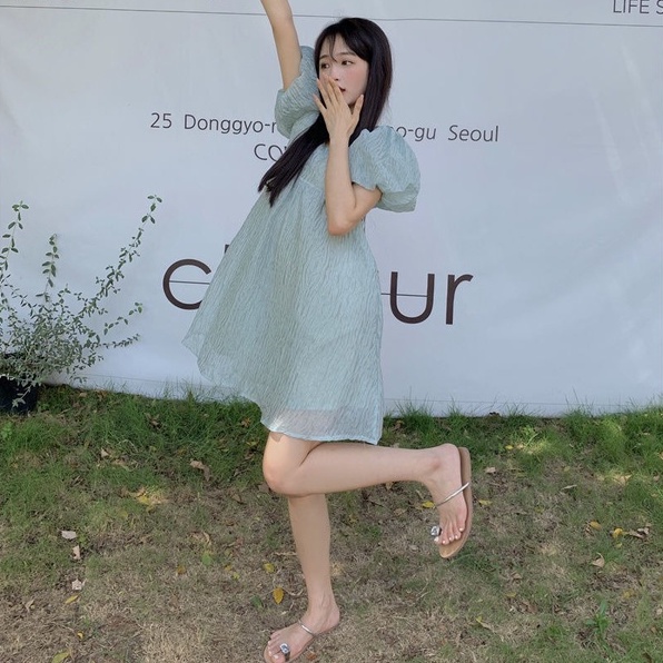 Đầm chiffon ZHELIHANGFEI tay ngắn màu đơn sắc phong cách mới thời trang cho nữ